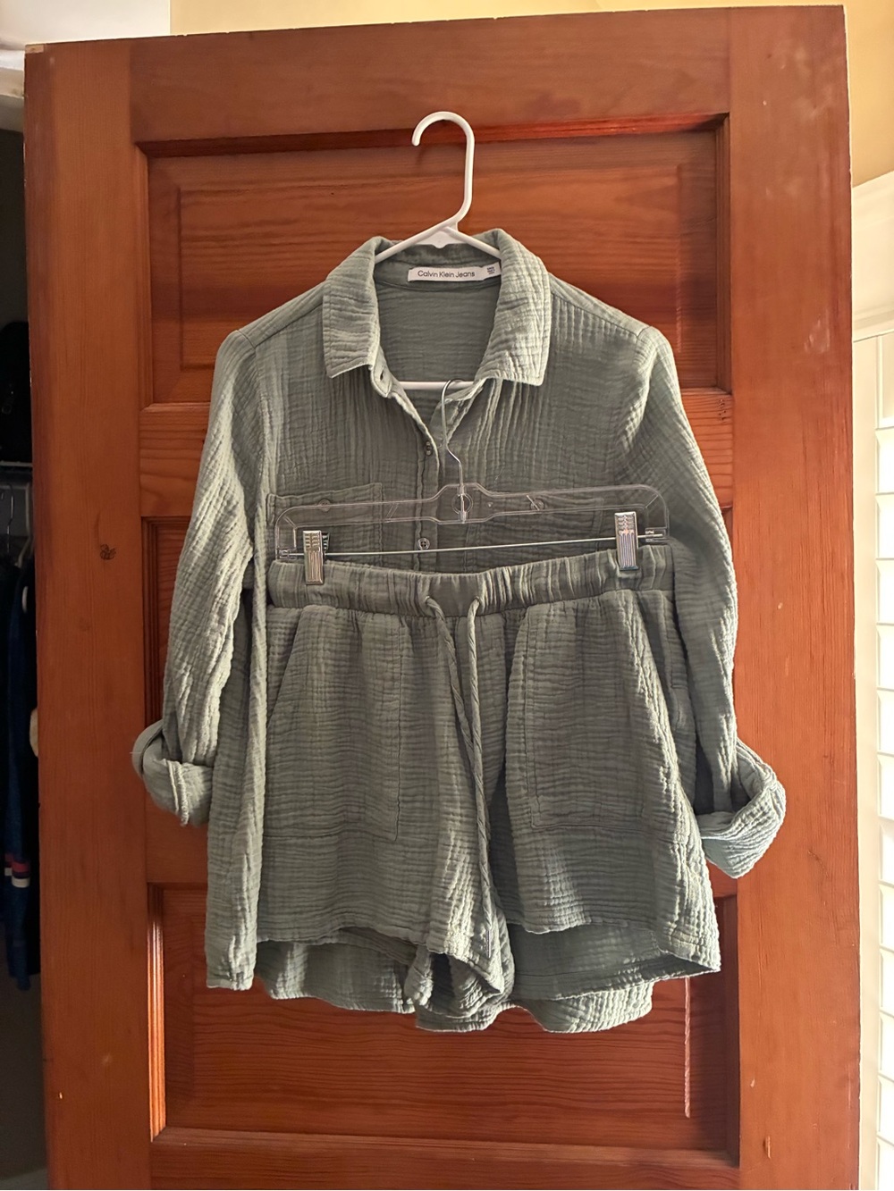 Calvin Klein Sage Green High-Waist Cotton Gauze Top and Short Set